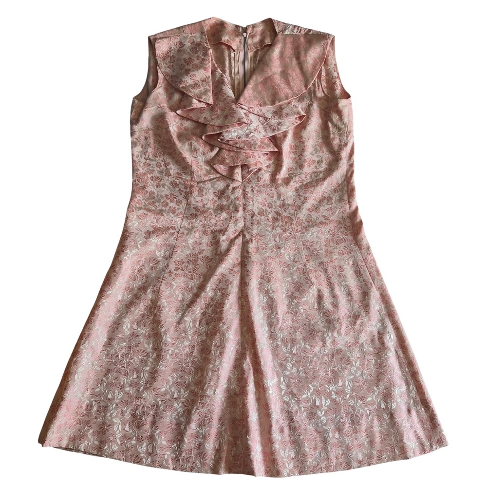 VTG 60s Pink Floral Brocade Shift Dress Sleeveless Ruffle Collar Mod Mini A-Line